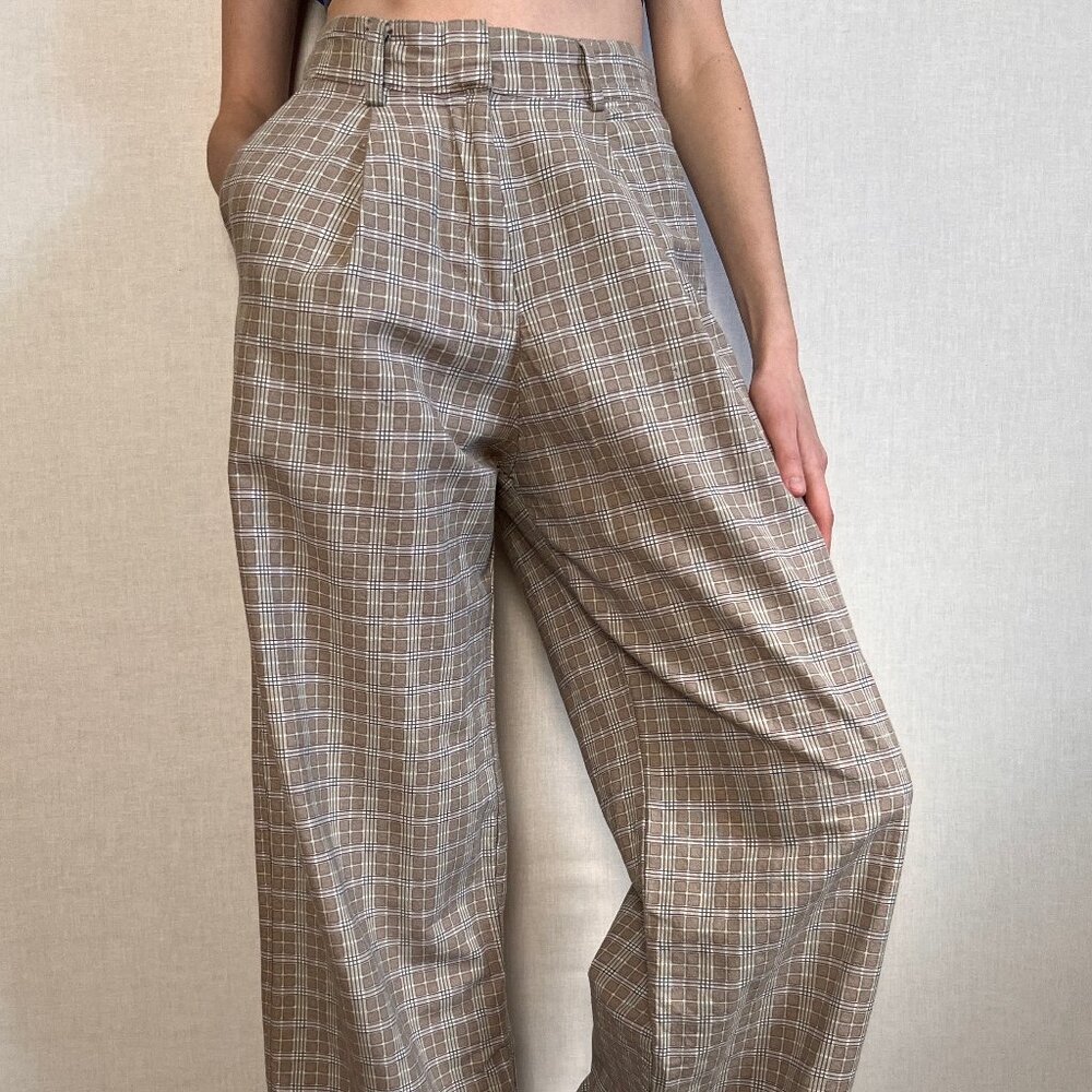 Motel Beige High Waisted Wide-Leg Plaid Pants